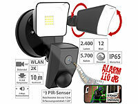 VisorTech 2K-Kamera mit 2 LED-Strahlern, 2.400lm, Sirene, Nachtsicht, WLAN, App; Kamera-Attrappen 